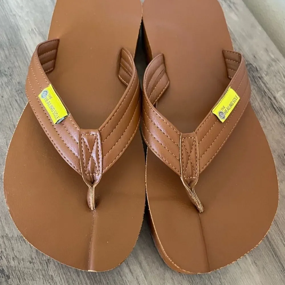 ❤️ The Healing Sole Flip Flops Sandals Unisex Brown Leather Plantar Fasciitis